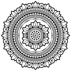 Circular pattern in form of mandala with flower for Henna, Mehndi, tattoo, decoration. Decorative ornament in ethnic oriental style. Coloring book page.