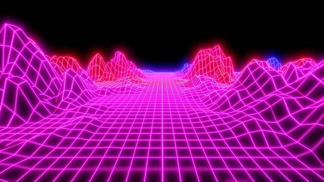 Neon low poly grid landscape animation. Seamless retro futuristic background.