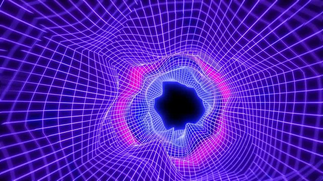Neon low poly grid tunnel animation. Seamless retro futuristic background.
