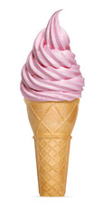 Strawberry soft serve ice cream or frozen yogurt in cone isolated on white background