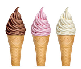 Strawberry, vanilla and chocolate soft ice creams or frozen yogurt in cone isolated on white background