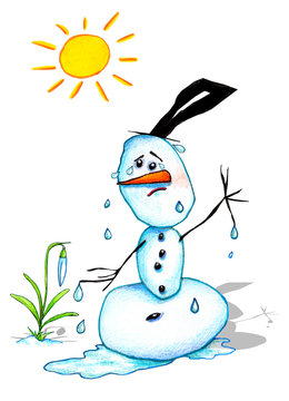 Schneemann schmilzt in der Fühlingssonne, Schneeglöckchen, Frühjahr, Frühling, Sonne, Illustration von Kathrin Schwertner