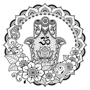 Circular pattern in form of mandala for Henna, Mehndi, tattoo, decoration. Decorative ornament in oriental style with Hamsa hand drawn symbol with mantra OM. Coloring book page.