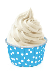 Vanilla soft serve ice cream or frozen yogurt in cone isolated on white background