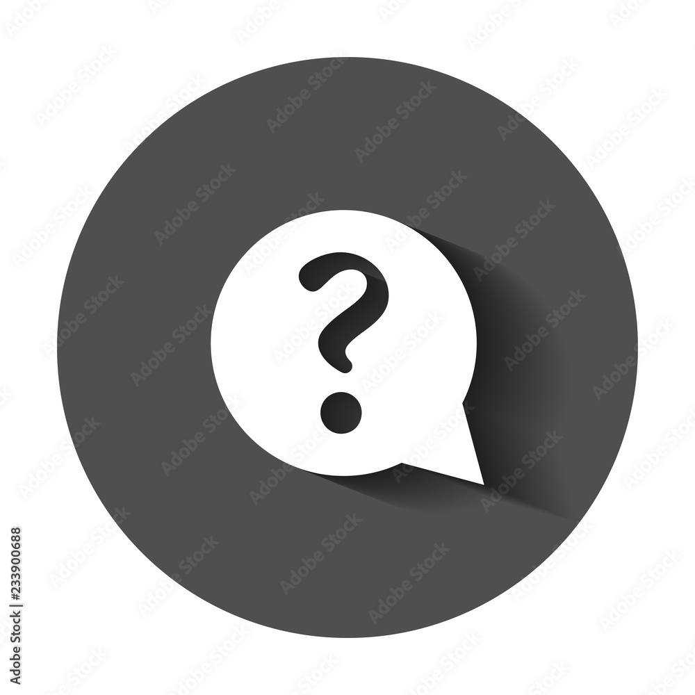 Poster question mark icon in flat style. discussion speech bubble vector illustration with long shadow. que