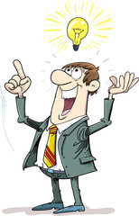 Big idea concept with man and lightbulb. Symbol of having an idea with businessman pointing at light bulb