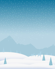 Winter background. Christmas holiday landscape with mountains, snowdrifts, deer, pines and snowflakes. Vector illustration for decoration of postcards, posters, etc.