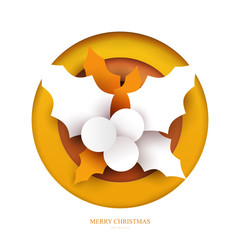 Holly plant in paper cut trendy craft cartoon style. Christmas, new year modern design for advertising, branding background greeting card, cover, poster, banner. Vector illustration.