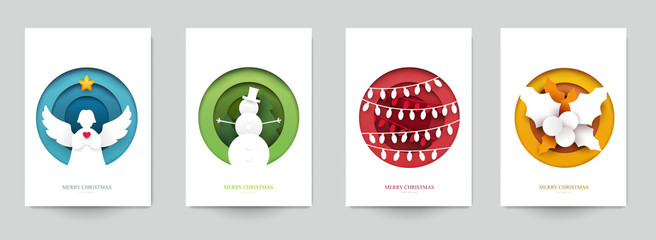 Set background for covers, invitations, posters, banners, flyers, placards. Minimal template design for branding, advertising with winter christmas composition in paper cut style. Vector illustration.