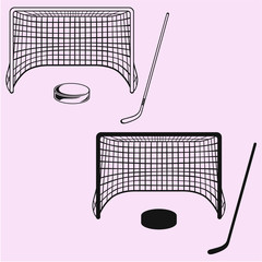 set of ice hockey elements: hockey stick, hockey goal and puck vector silhouette 