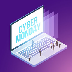 Cyber monday 3d isometric vector illustration with technology devices. Colorful design concept for promotion, branding ads, sale and discount.