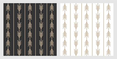 Set of trendy boho style arrow patterns in black and white for layout and background. Gold arrows on modern scandinavian style. Designed for web and prints.