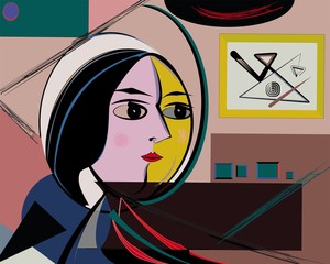 Colorful abstract background, cubism art style, woman black eyes