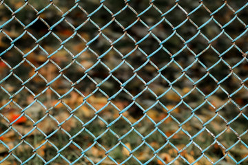 Fototapeta premium Fence made of steel wire mesh. In places, the rusted wire mesh steel with shabby paint. Chain-wire fence