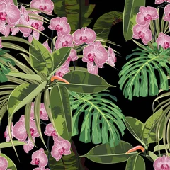 Photo sur Plexiglas Orchidee Arrière-plan tropical sans couture avec fleurs d& 39 orchidées roses exotiques, feuilles de palmier monstera, feuille de jungle. Fond noir.