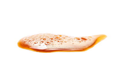 Spilled beer puddle with foam isolated on white background and texture, clipping path