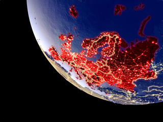 Orbit view of Europe at night with bright city lights. Very detailed plastic planet surface.