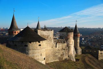 Fototapeta na wymiar Stone fortress in Kamianets-Podilskyi city in western Ukraine