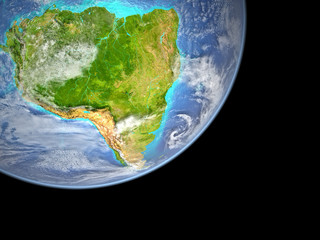 South America from space on planet Earth.