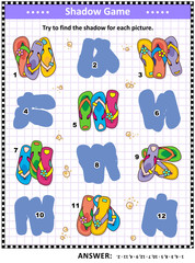 Visual puzzle or picture riddle with colorful flip-flops: Can you find the shadow for each picture? Answer included.

