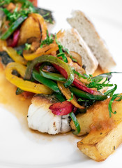 caldeirada traditional portuguese sea bream fish and vegetable spicy stew in gourmet restaurant