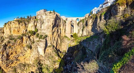 Panoramic view of Puente Nuevo bridge in Ronda city, Andalusia, Spain