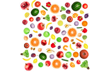 Fototapeta na wymiar Pattern of vegetables and fruits. Food background Top view Composition of plums, peppers, cucumbers, radish, tomatoes, apples, banana, lemon and orange, watermelon, pomegranate isolated on white frame