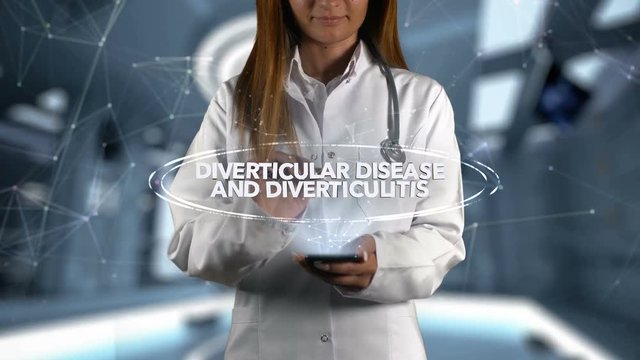 Female Doctor Hologram Word Diverticular disease and diverticulitis