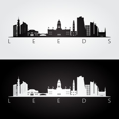 Leeds skyline and landmarks silhouette, black and white design, vector illustration.