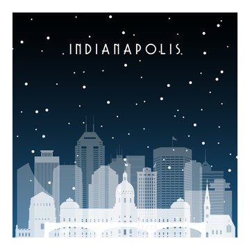 Winter Night In Indianapolis. Night City In Flat Style For Banner, Poster, Illustration, Background.