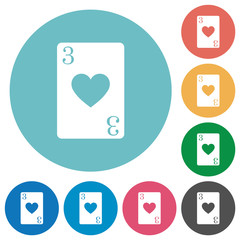 Three of hearts card flat round icons