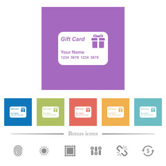 Gift card with name and numbers flat white icons in square backgrounds