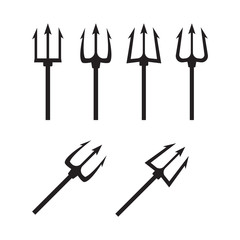 Black trident silhouette. Pitchfork weapon sharp vector illustration - obrazy, fototapety, plakaty