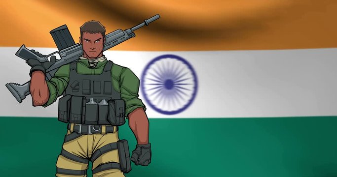 Looping animation of Indian soldier and the flag of India in the background.