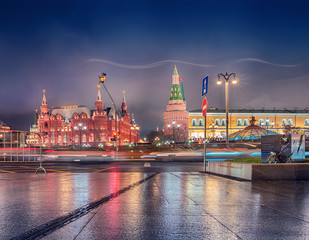 Moscow. November 10, 2018. Night. Rain. Movement on Mokhovaya Street. Historical Museum, the...