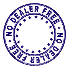 NO DEALER FREE stamp seal watermark with grunge texture. Designed with circles and stars. Blue vector rubber print of NO DEALER FREE title with retro texture.