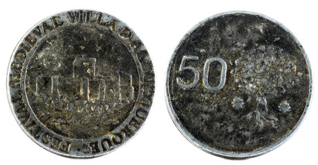 Coin minted for the Medieval Festival of Villa de Albuquerque. Extremadura. Spain.