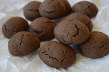 Closeup homemade crisp, cracked cocoa cookies with liquid chocolate with blurred background