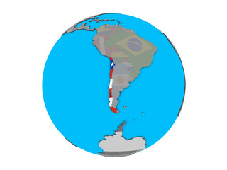 Chile with embedded national flag on blue political 3D globe. 3D illustration isolated on white background.