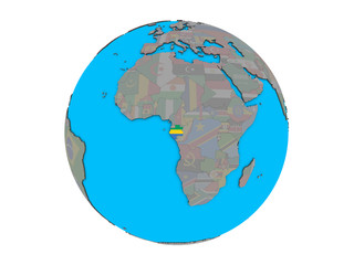 Gabon with embedded national flag on blue political 3D globe. 3D illustration isolated on white background.