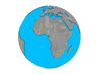 Equatorial Guinea with embedded national flag on blue political 3D globe. 3D illustration isolated on white background.