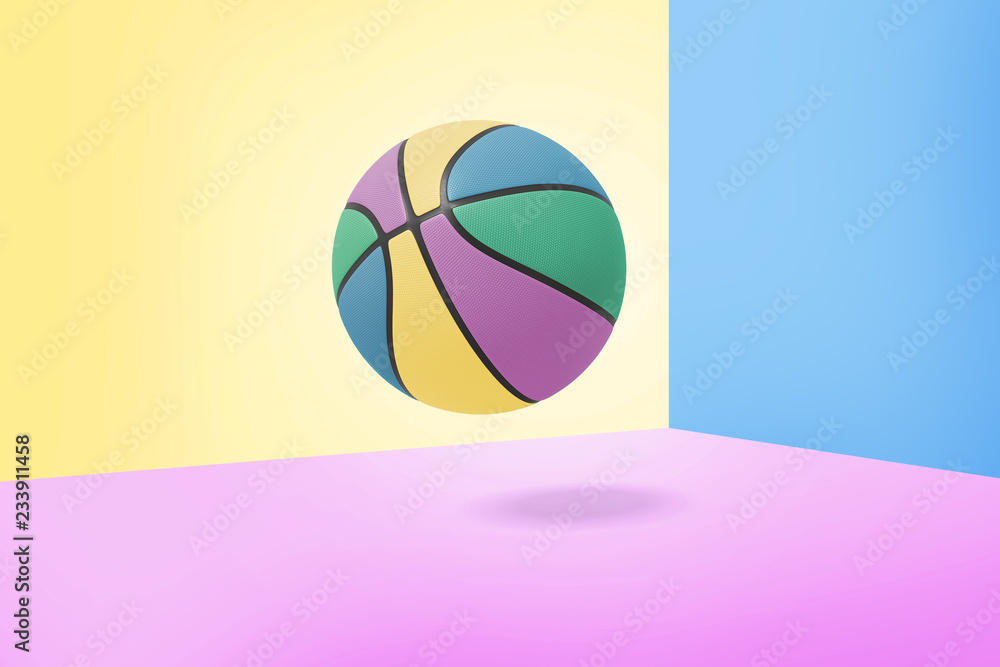 Poster 3d rendering of single multi-colored basketball ball with black stripes hangs on a three-colored bac