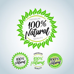 100% Natural Vector Lettering Stamp Illustration. Nature logo, green tropical leaves icon, line stylized, round emblem, modern design, tree foliage logotype template