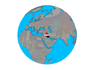 Iraq with embedded national flag on blue political 3D globe. 3D illustration isolated on white background.