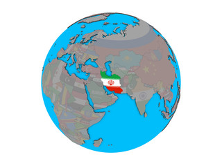 Iran with embedded national flag on blue political 3D globe. 3D illustration isolated on white background.