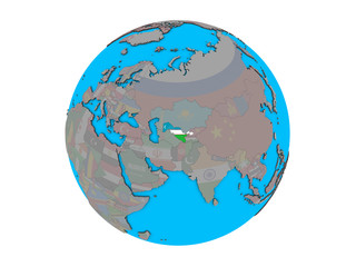 Obraz premium Uzbekistan with embedded national flag on blue political 3D globe. 3D illustration isolated on white background.