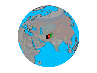 Afghanistan with embedded national flag on blue political 3D globe. 3D illustration isolated on white background.