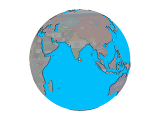 Sri Lanka with embedded national flag on blue political 3D globe. 3D illustration isolated on white background.