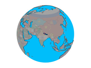 Nepal with embedded national flag on blue political 3D globe. 3D illustration isolated on white background.