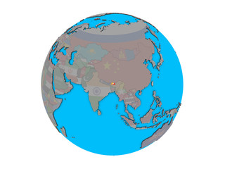 Bhutan with embedded national flag on blue political 3D globe. 3D illustration isolated on white background.